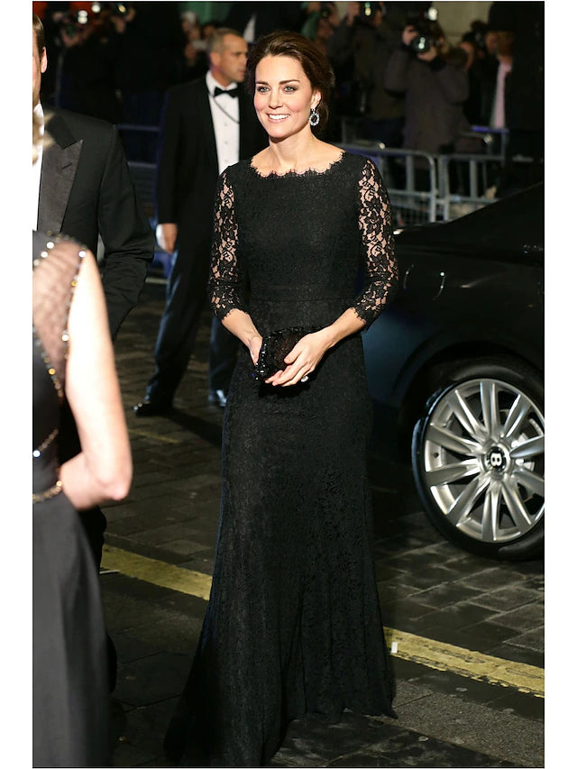 Elegant A-line formal evening dress with jewel neck and 3/4 lace sleeves.