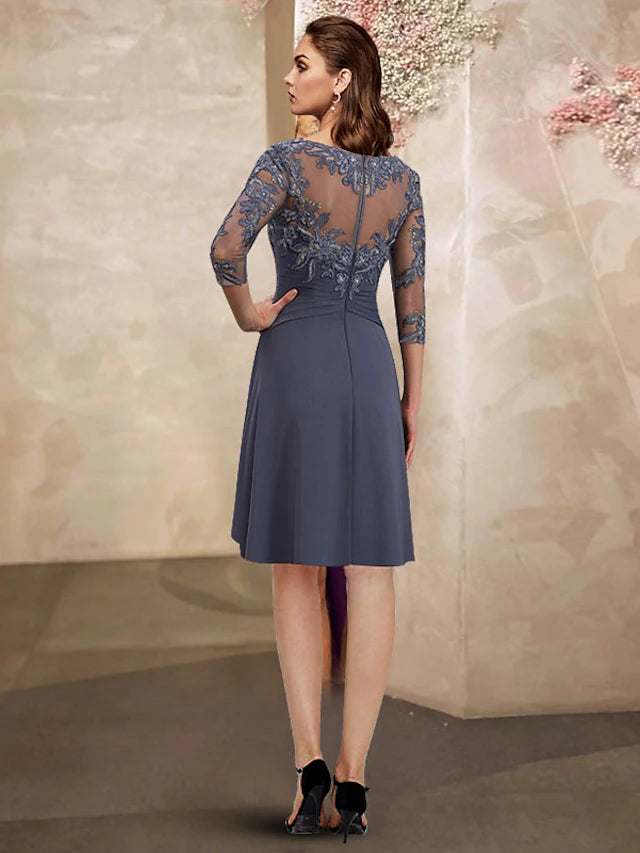 Side view of the elegant Mother of the Bride dress, showing its flow.