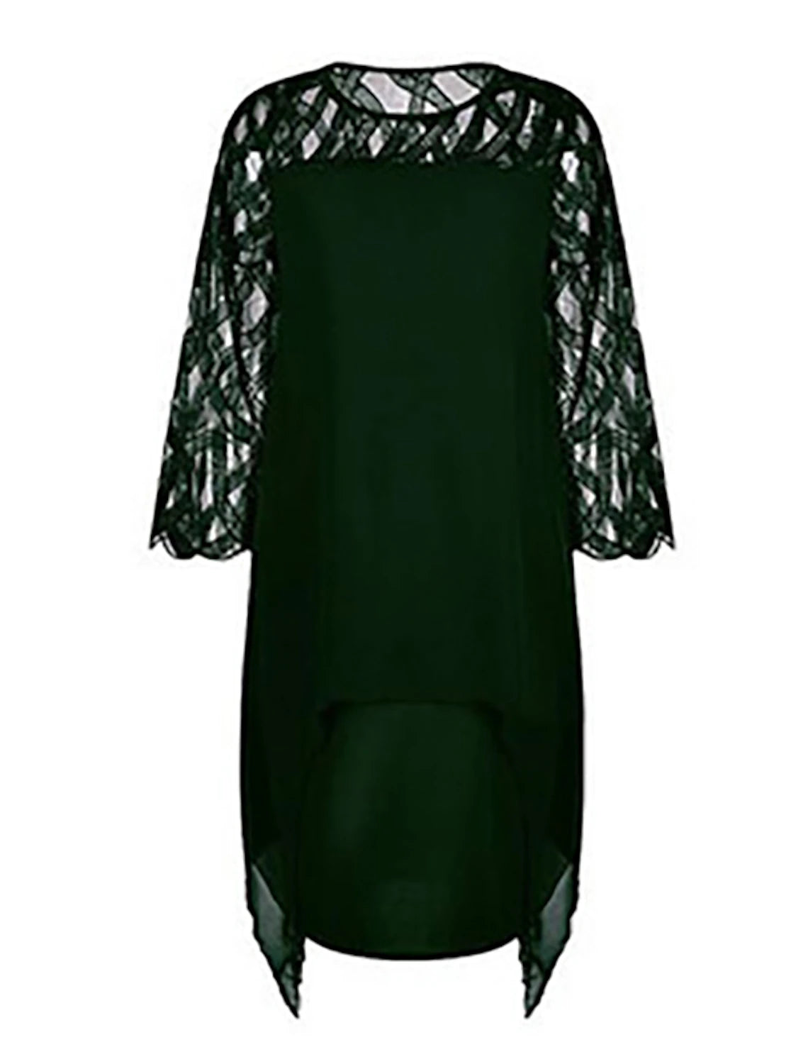 Elegant A-line cocktail dress with jewel neck and 3/4 lace sleeves.
