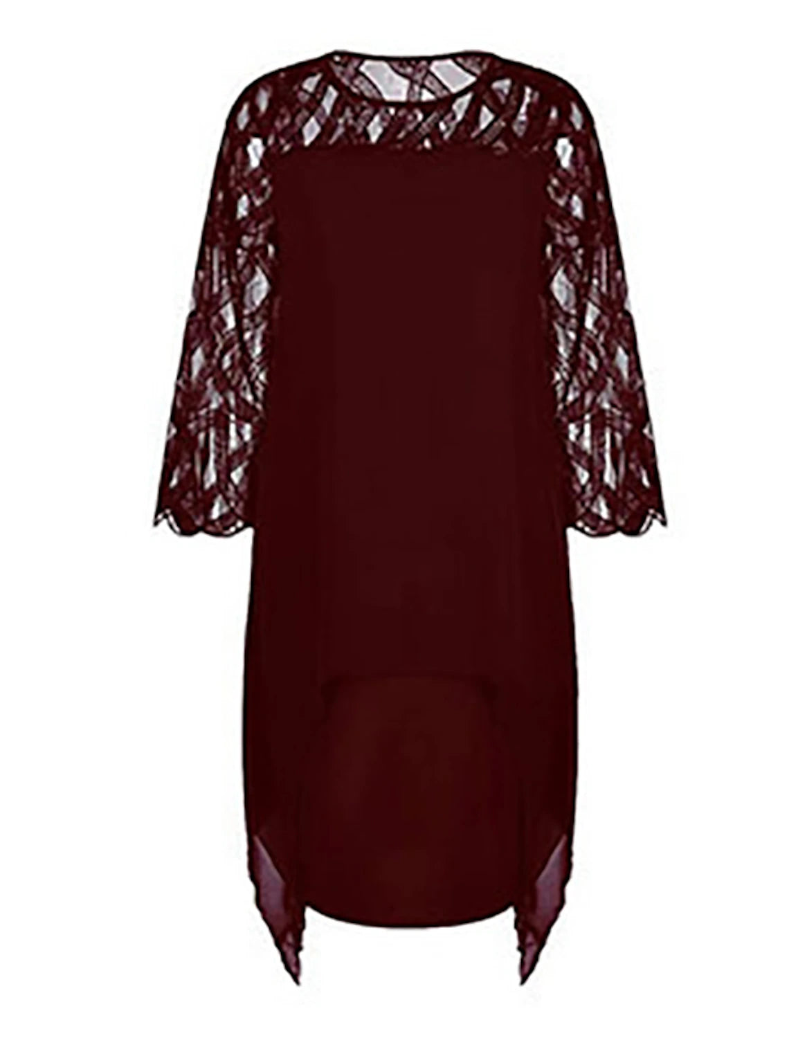 Side profile of a midi party dress featuring lace details and a jewel neckline.