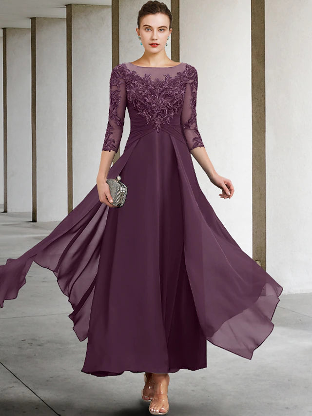 Elegant A-line Mother of the Bride dress with jewel neck and 3/4 sleeves.