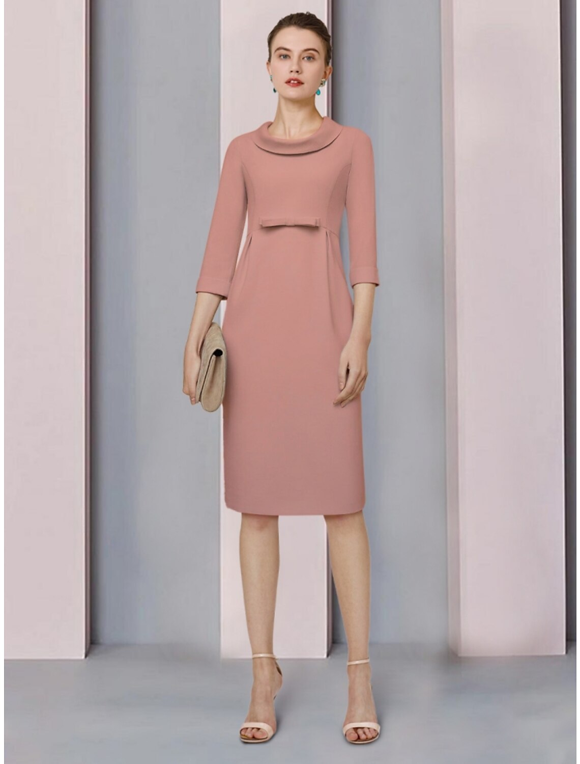 Elegant A-line Mother of the Bride dress with jewel neck and 3/4 sleeves.