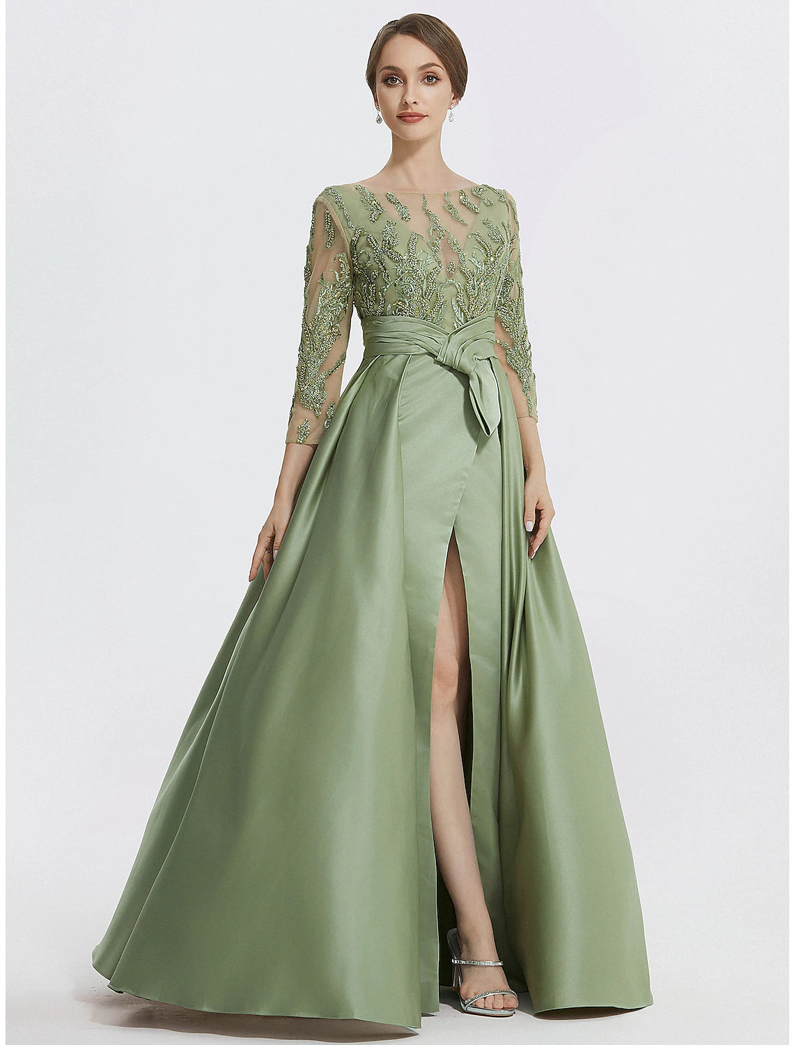 Elegant A-line satin evening gown with jewel neck and 3/4 sleeves, featuring a slit and embroidery.