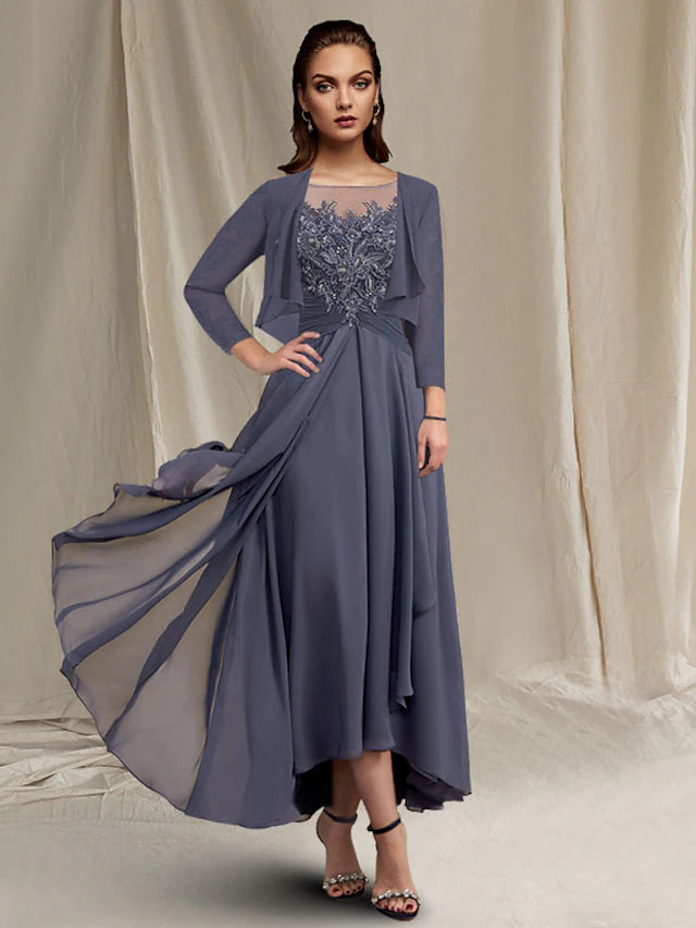 Front view of the elegant A-line Mother of the Bride dress.