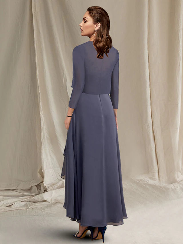 Back view of the elegant Mother of the Bride dress with a matching wrap.
