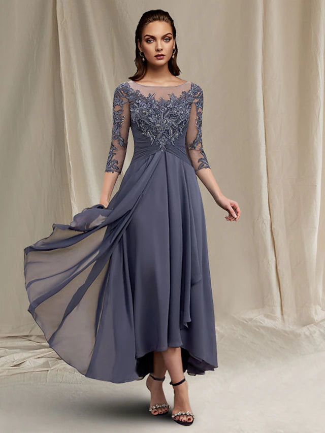 Side view of the two-piece Mother of the Bride dress with sequin appliques.