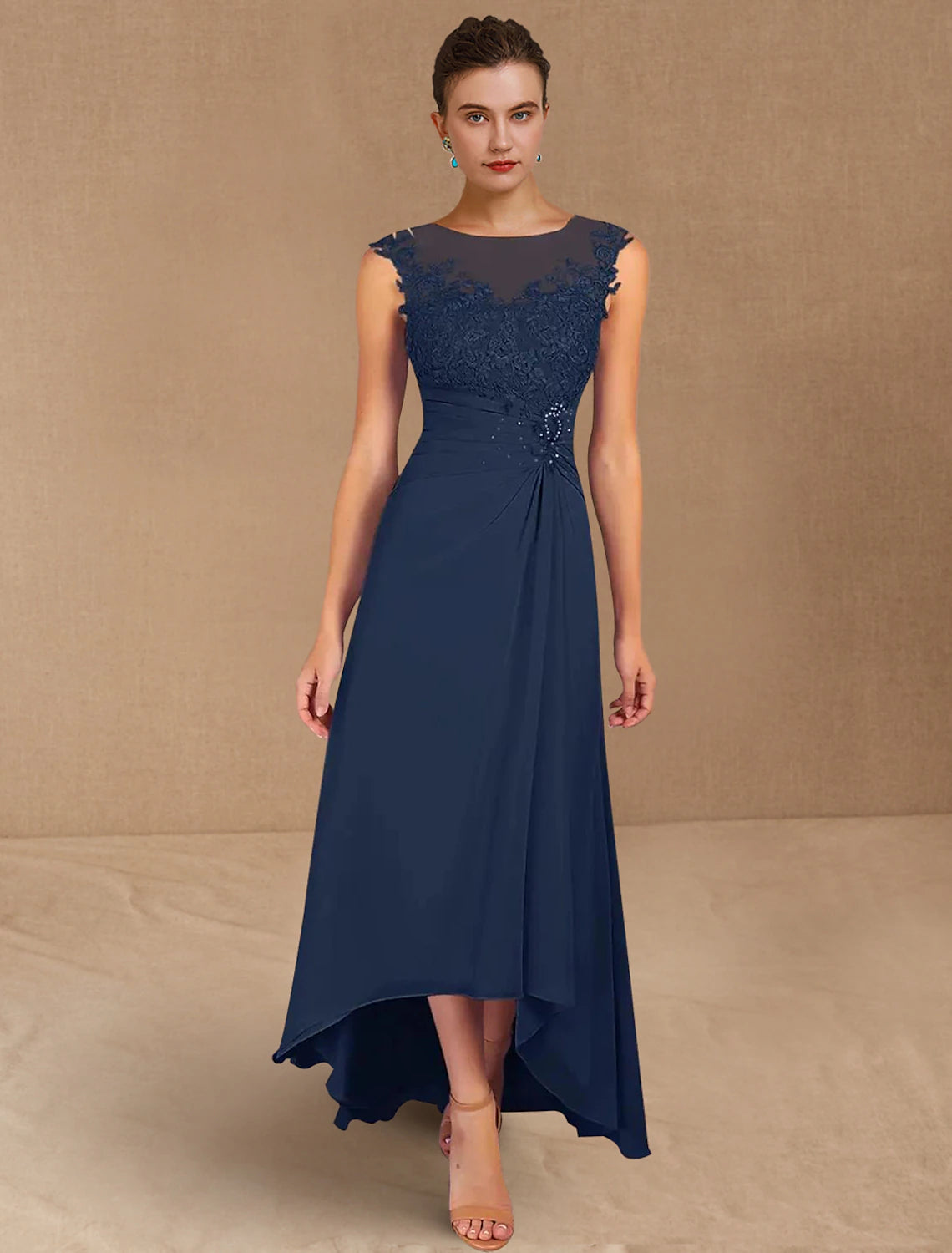 Elegant A-line Mother of the Bride dress with jewel neck, asymmetrical design, and lace sequin ruching.