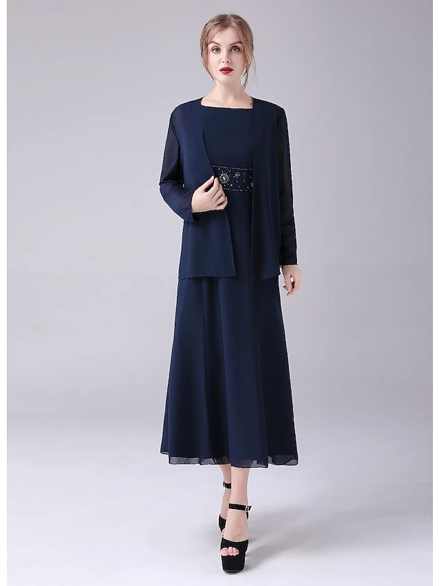 Elegant A-line Mother of the Bride dress with jewel neck and beading.