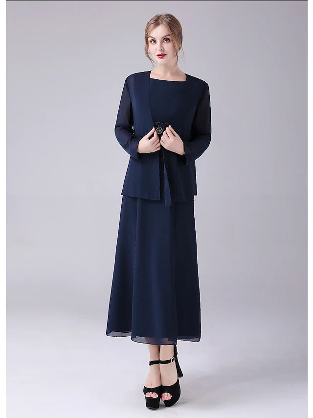 Side view of A-line chiffon dress with delicate beading.