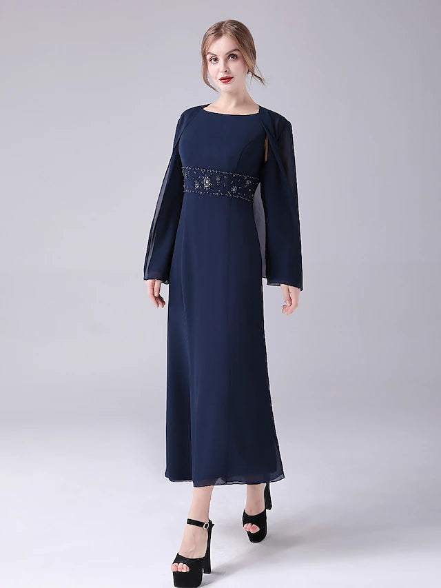 Back view of elegant ankle-length Mother of the Bride gown.