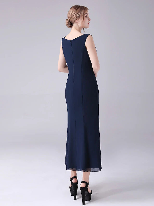 Full length view of A-line formal dress in chiffon.
