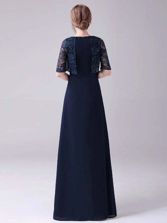Side view of the elegant A-line chiffon gown, highlighting its flowing silhouette.