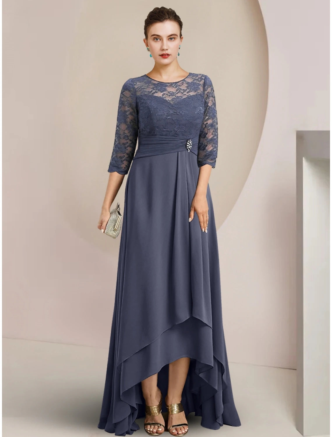 Side view of the elegant A-line dress, showcasing its flowing chiffon fabric.