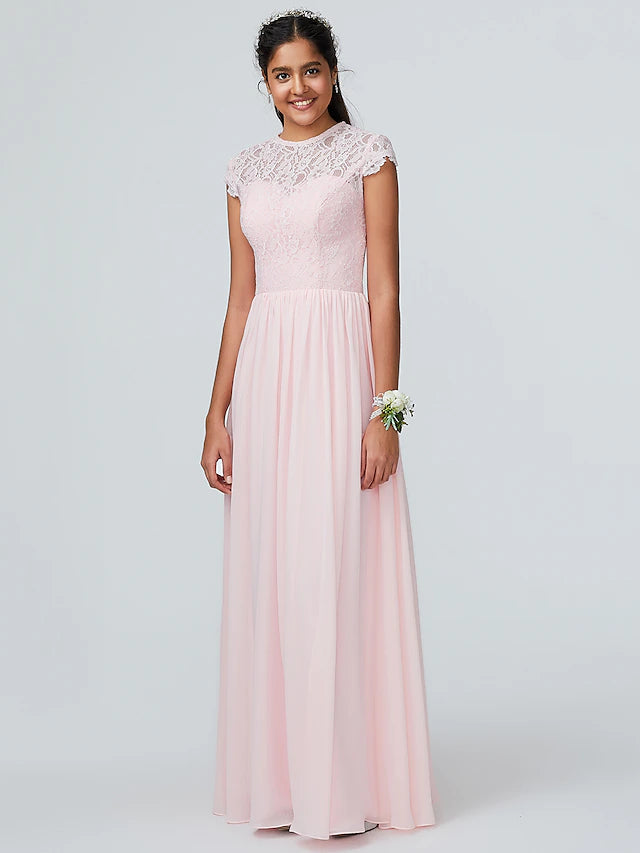 Elegant A-line bridesmaid dress with jewel neck and lace details.