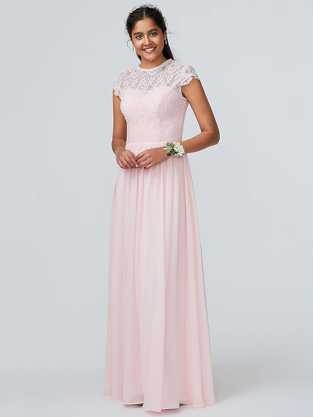 Back view of a sleeveless chiffon bridesmaid gown.
