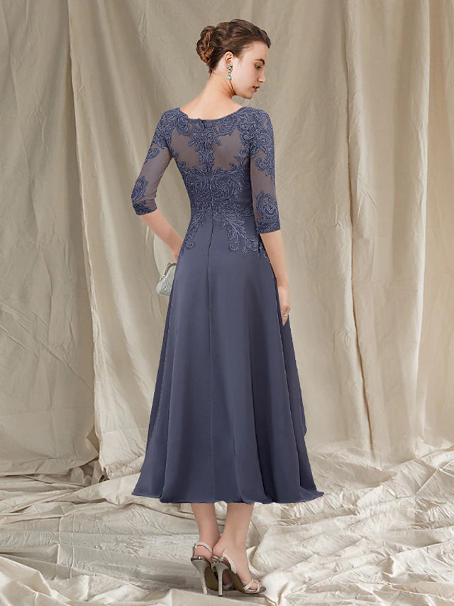 A-line Mother of the Bride dress showcasing pleats and appliques.