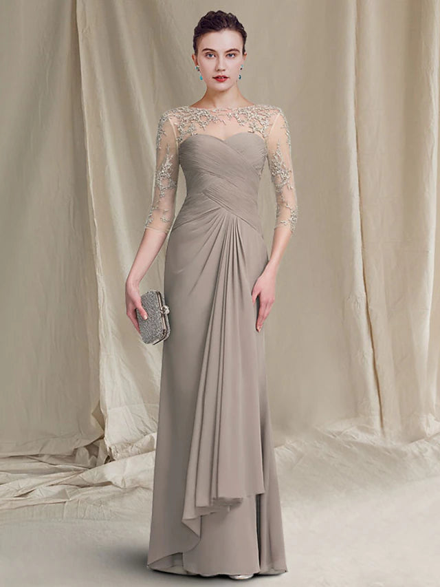 Elegant A-Line Mother of the Bride dress with jewel neck and 3/4 sleeves.