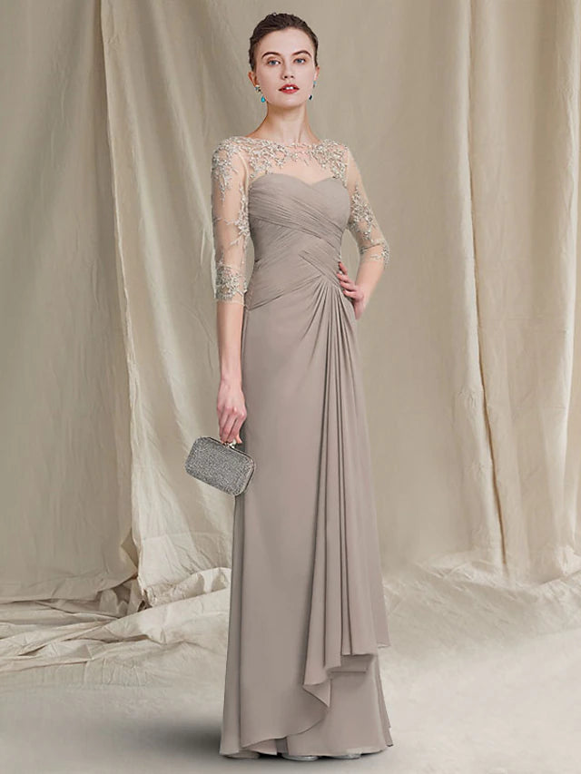 Back view of the floor-length chiffon lace gown for plus size women.