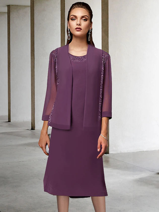 Elegant A-line mother of the bride dress with jewel neck, chiffon lace, and tea length, shown with a matching wrap.