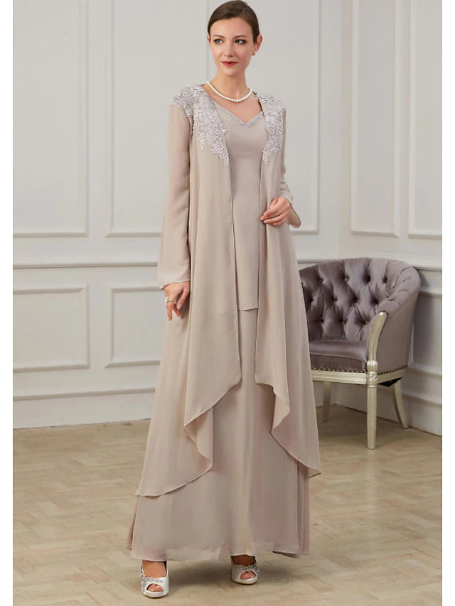 Elegant A-line Mother of the Bride dress with jewel neck, long sleeves, and matching jacket.