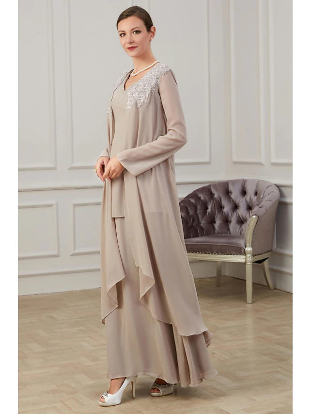 Back view of the A-line chiffon Mother of the Bride dress with long sleeves.