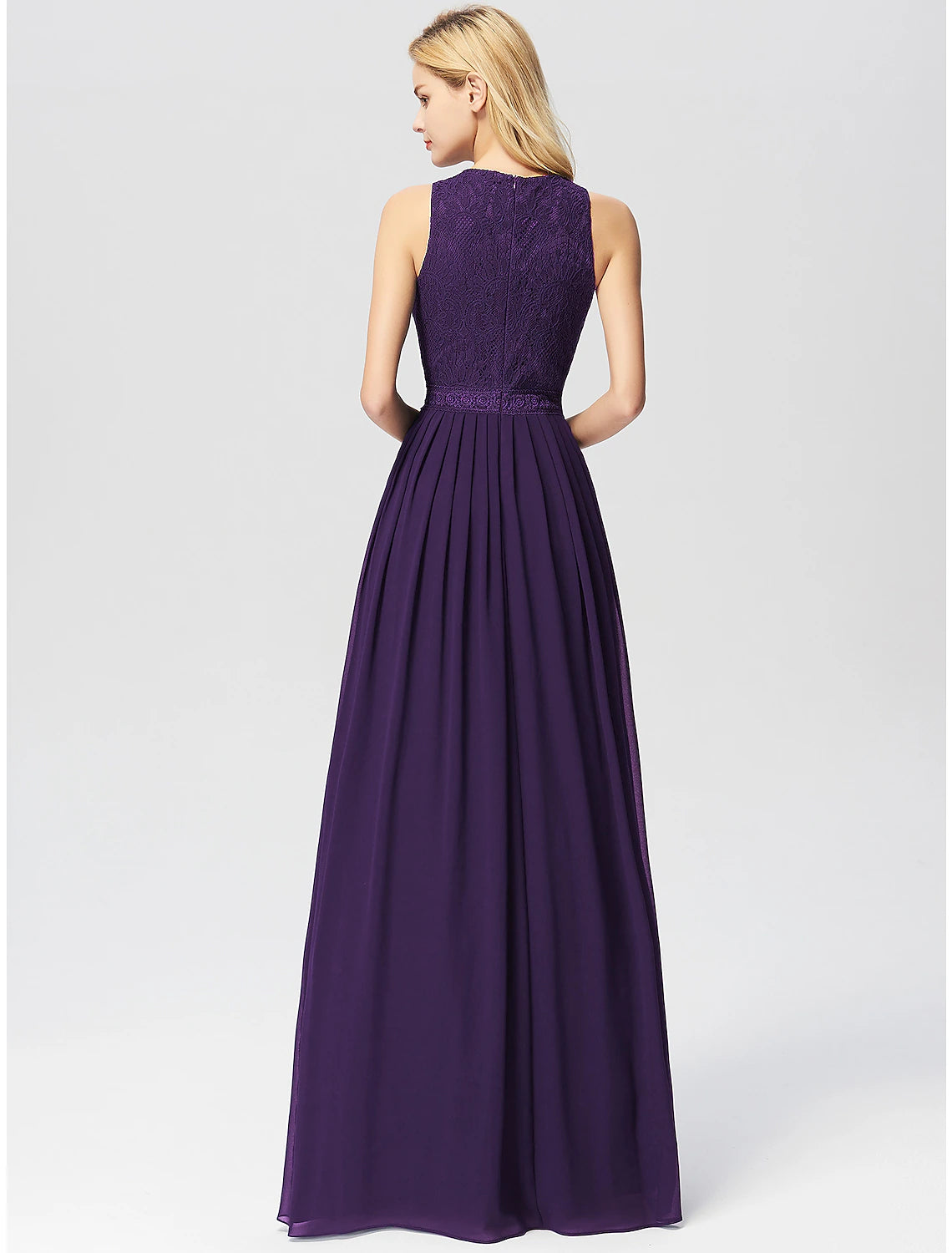 Back view of the A-line chiffon prom dress with pleats.