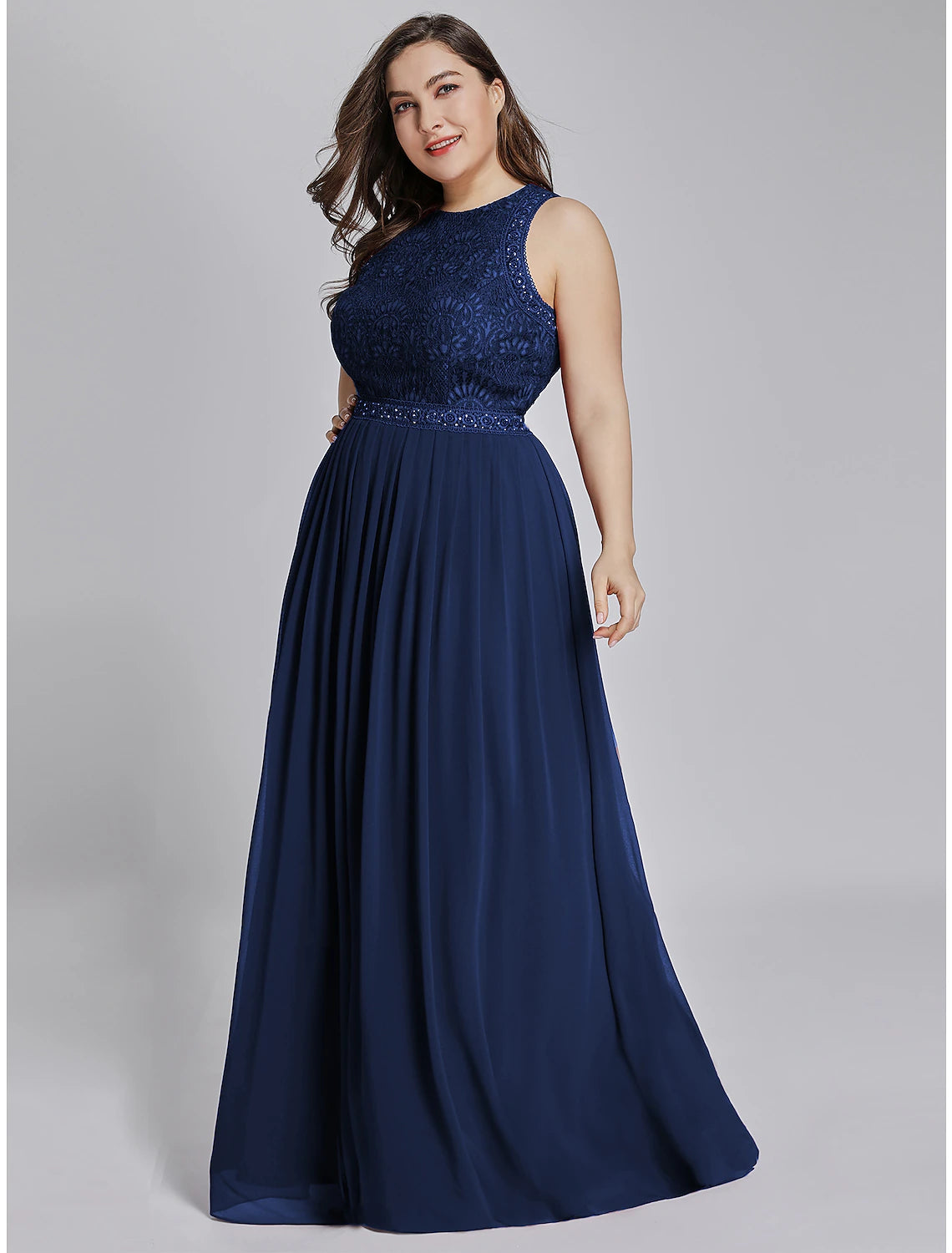 Full length view of the A-line formal dress in motion.