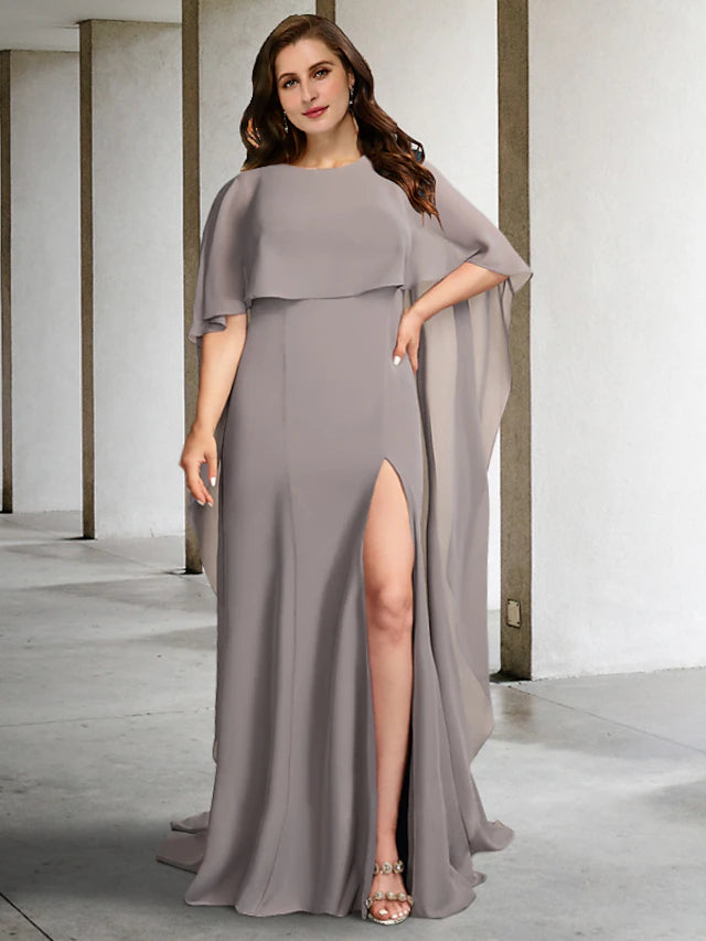 Elegant A-line plus size Mother of the Bride chiffon dress with jewel neck and slit.