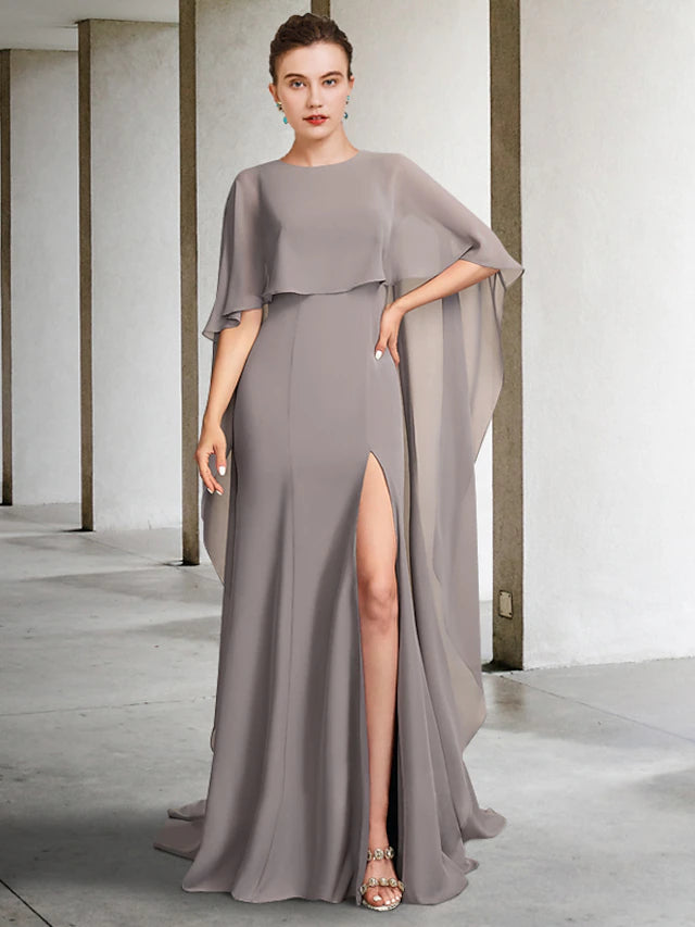 Elegant plus size A-line Mother of the Bride gown with jewel neck and split front.
