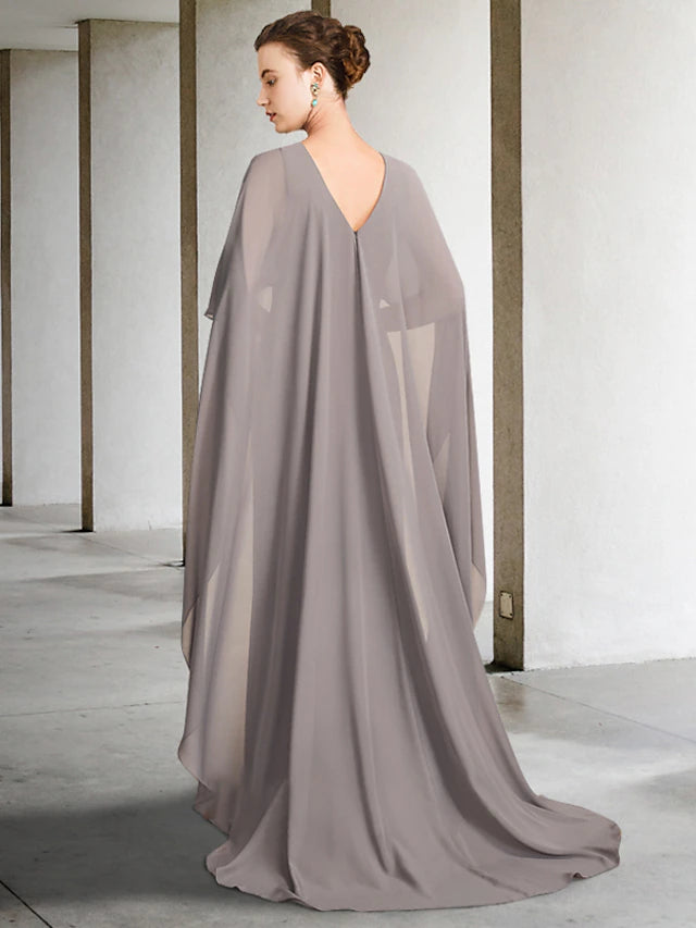 Side view of a sleeveless A-line Mother of the Bride dress in chiffon.