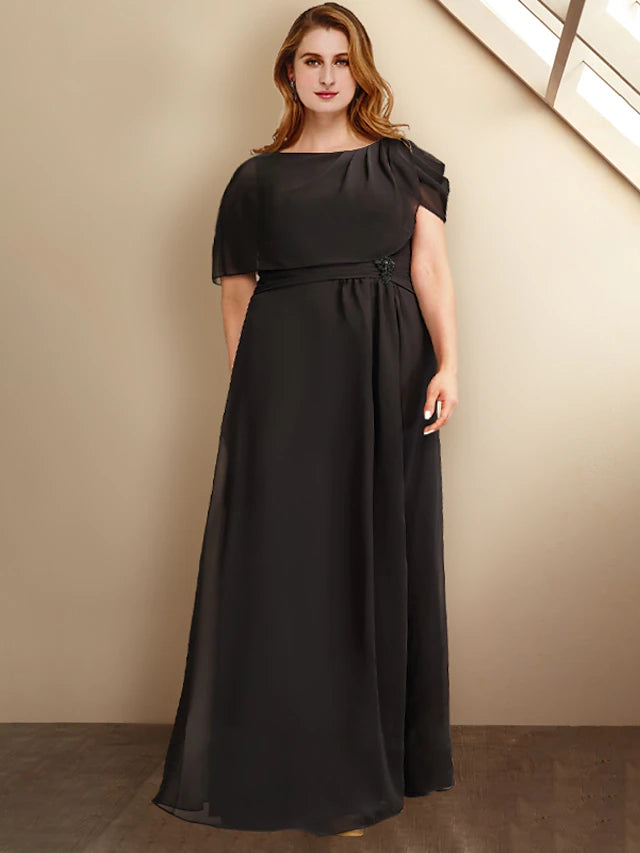 Elegant A-line chiffon Mother of the Bride dress with jewel neck and ruched bodice.
