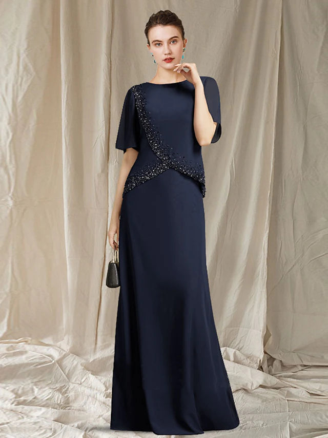 Elegant A-Line Mother of the Bride dress with jewel neck and short sleeves, adorned with crystals.