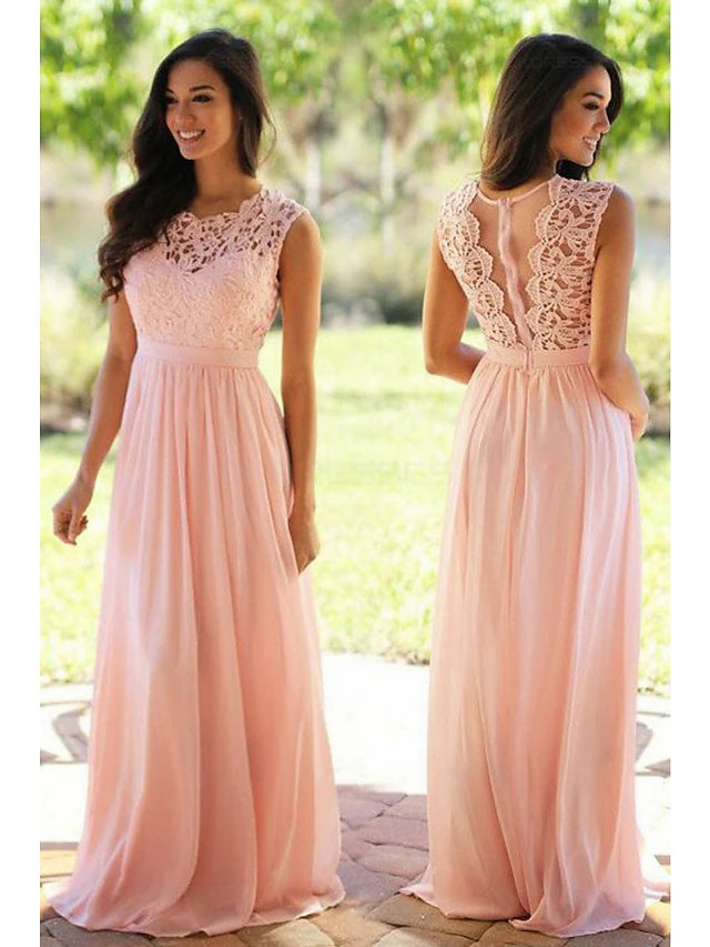 Elegant A-line bridesmaid dress with jewel neck and floor length silhouette.