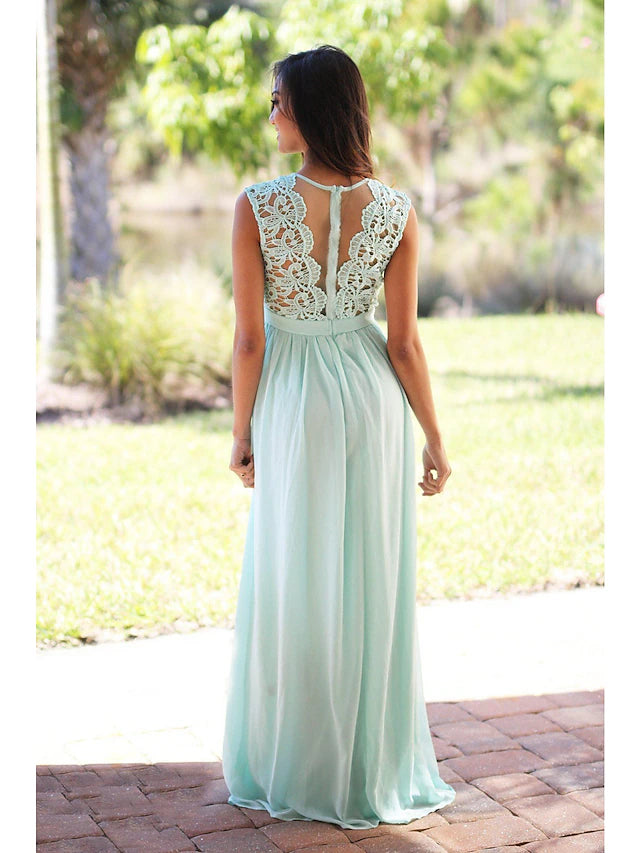 Close-up of the chiffon and lace fabric on the elegant bridesmaid gown.