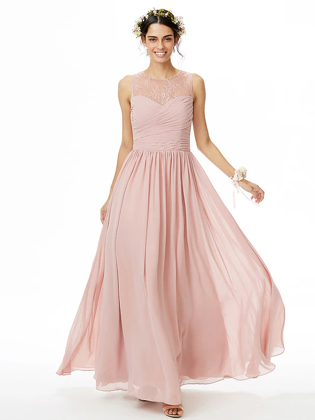 Elegant A-line bridesmaid dress with jewel neck and floor length, featuring lace details.