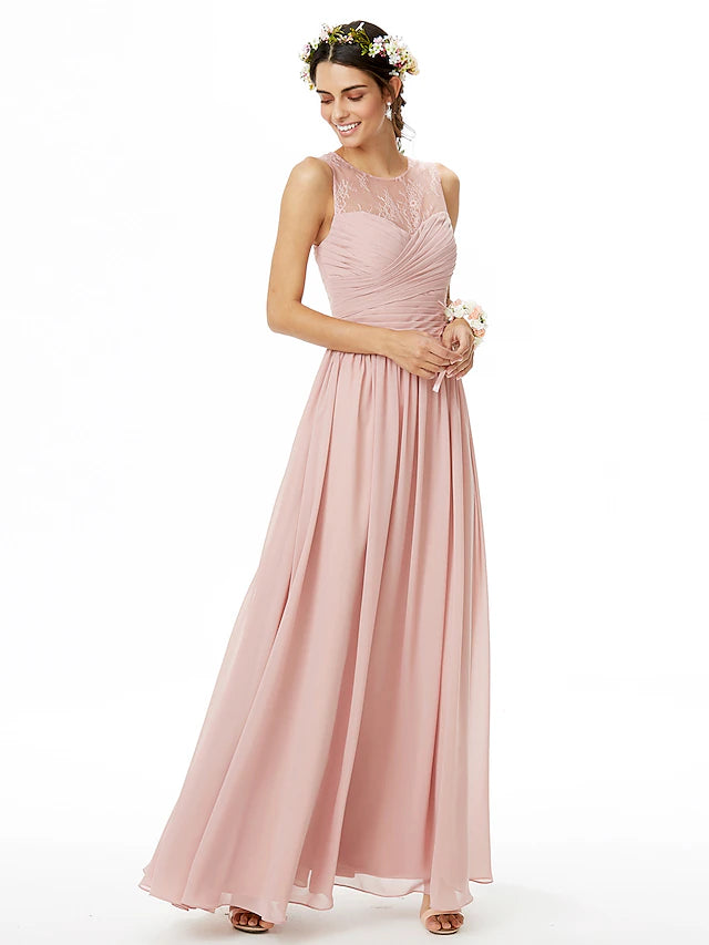 Side profile of the elegant jewel neck bridesmaid dress.