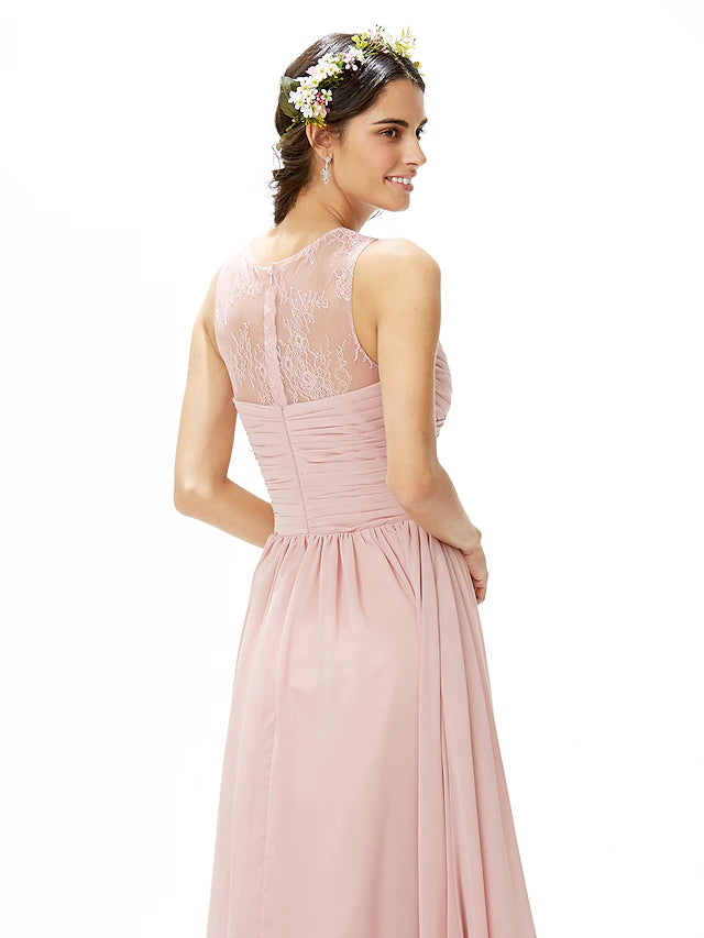 Full view of the floor-length A-line dress with subtle pleats.