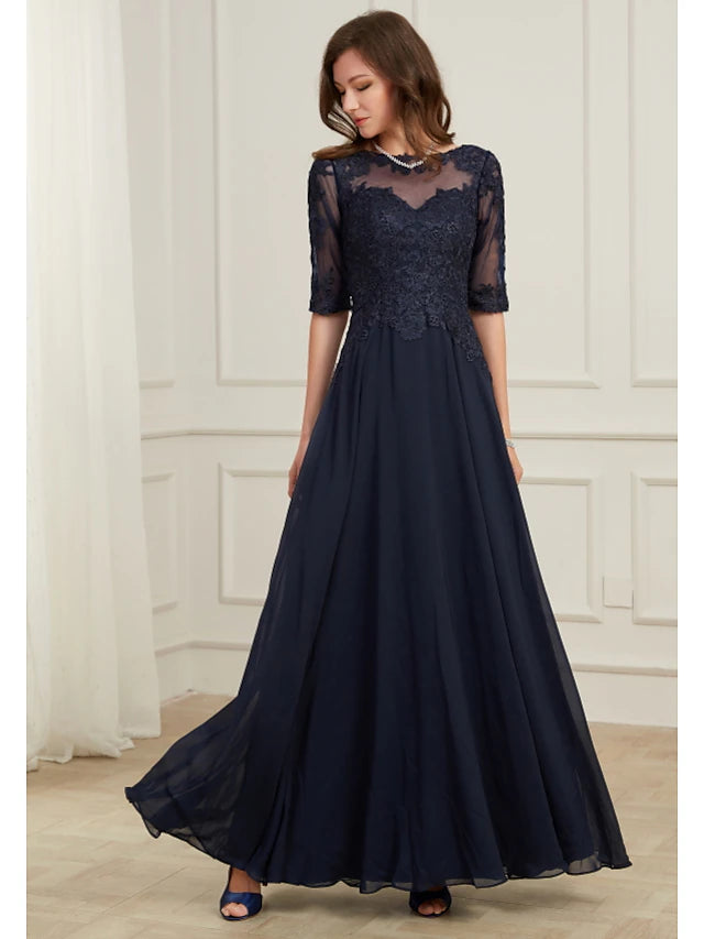 Side profile of the A-line formal dress, showing half sleeves and floor length.