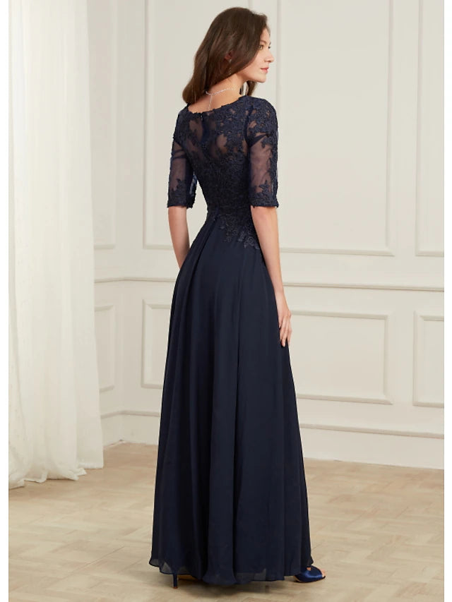 Back view of the A-line formal evening gown with delicate appliques.