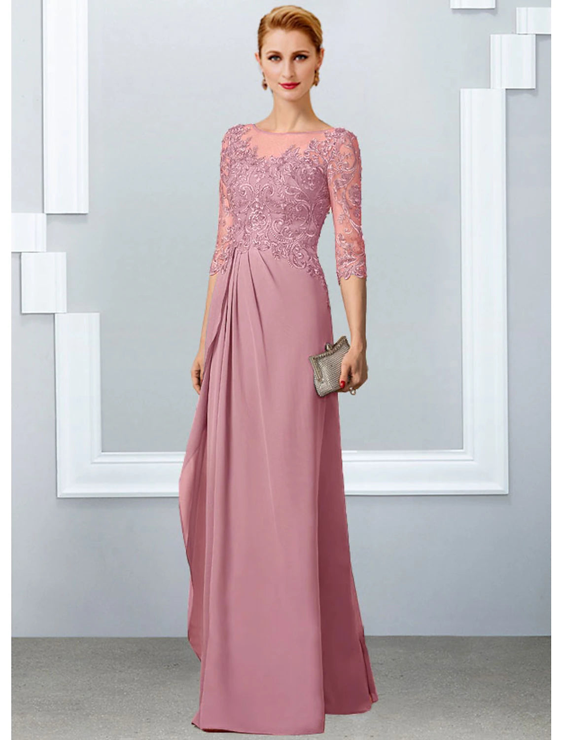 Back view of the floor-length A-Line gown, showcasing its elegant drape.