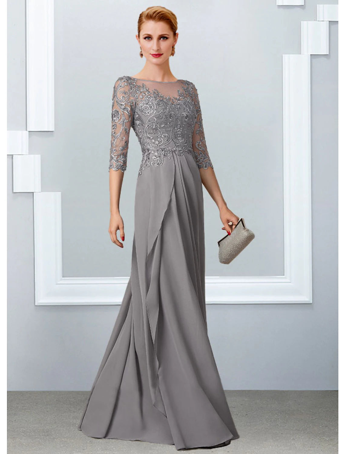 Side view of the Mother of the Bride gown, highlighting the half sleeves.