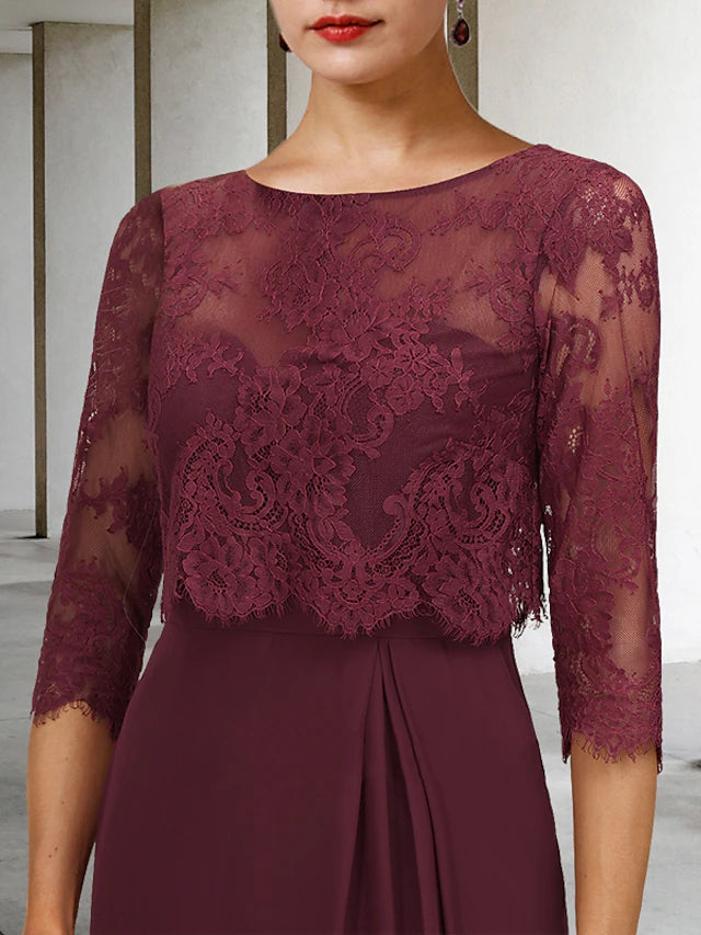 Side view of the A-Line Mother of the Bride dress, showcasing its knee-length silhouette and lace details.