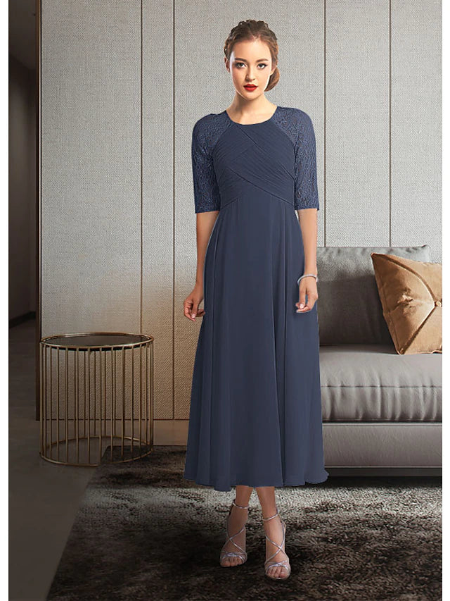 Elegant A-Line Mother of the Bride dress featuring a jewel neck and half sleeves.