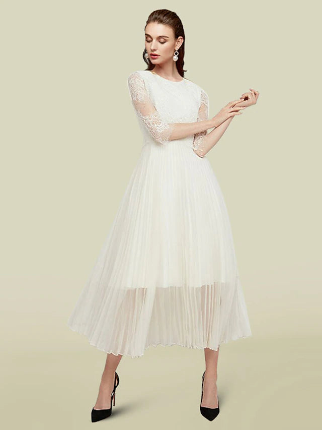 Elegant A-Line Mother of the Bride dress with jewel neck and half sleeves, front view.