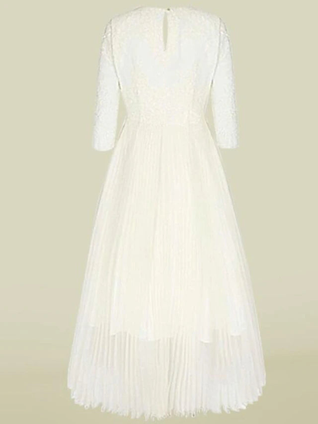 Side view of the A-Line chiffon lace dress, showcasing tea length and appliques.
