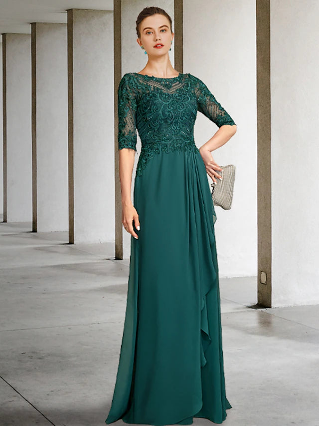 Elegant A-Line Mother of the Bride dress with jewel neck and half sleeves.
