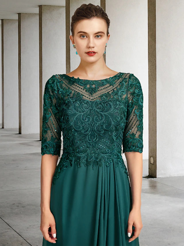 Back view of a luxurious chiffon and lace Mother of the Bride gown.