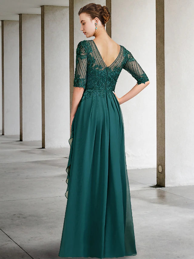Detail of the lace and beading on an A-Line formal dress.