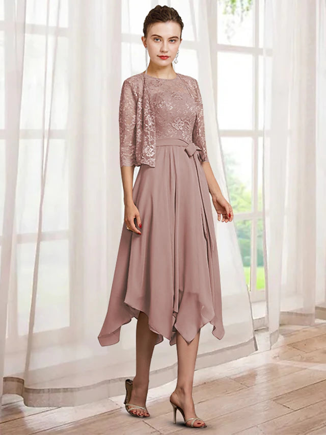 Elegant A-line Mother of the Bride dress with jewel neck and half sleeves.