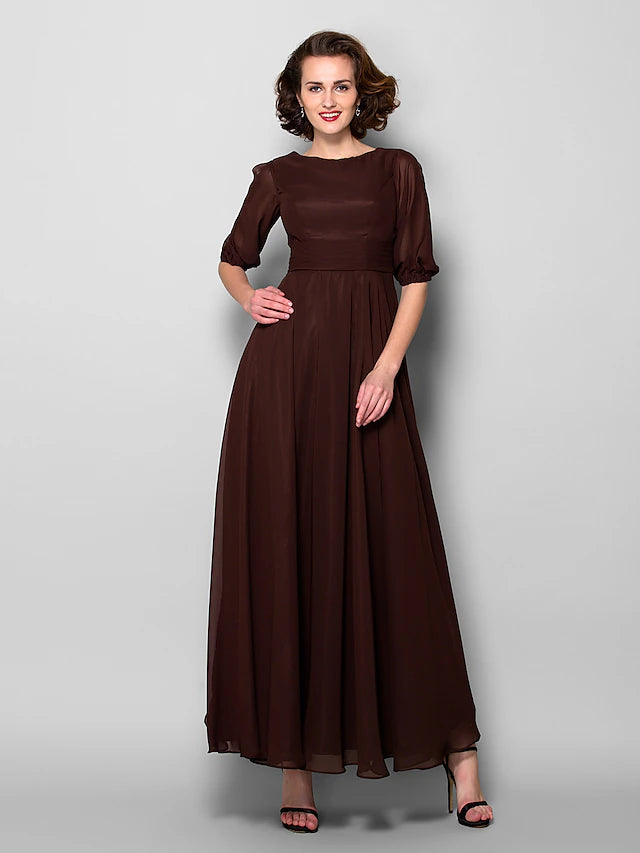 Elegant A-line chiffon Mother of the Bride dress with jewel neck.